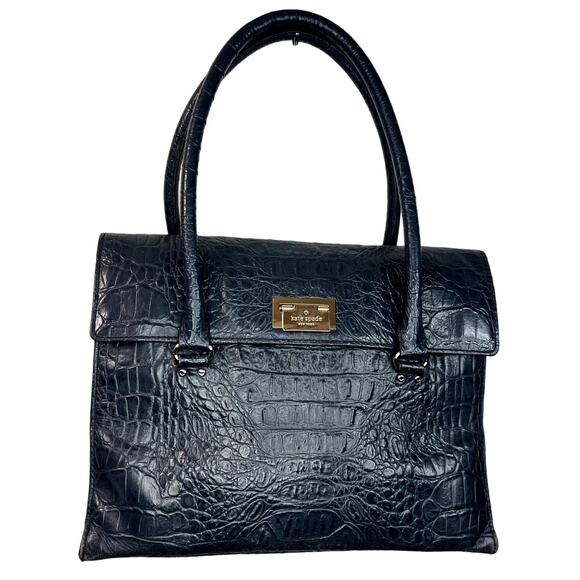 Kate Spade Handbag Purse Women Dark Blue Crocodile Embossed Orchard Valley Bag - Picture 1 of 16
